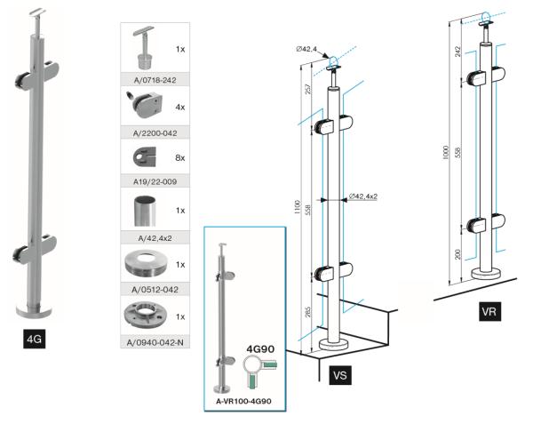 Edelstahl Geländerpfosten Eckpfosten 90 Grad Ø42,4 Bauhöhe 1000mm mit Glasklemmen 63x45mm Geländer V2A geschliffen K320